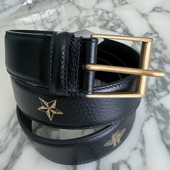 Gucci Accessories - Gucci 495122 Black Leather Bee and Star Print Belt Gold‎ Buckle size 95/38